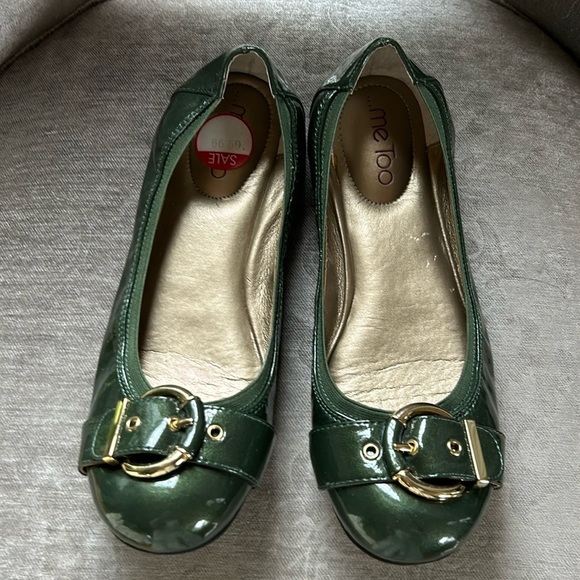 Dark Green Patent Flats with Gold Buckle - Picture 1 of 9